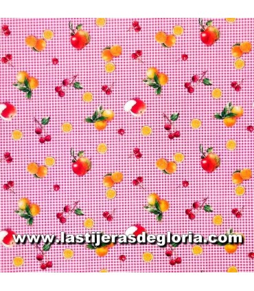 Tela frutas sobre cuadro vichy rosa colección Picnic de Mon Cotonet
