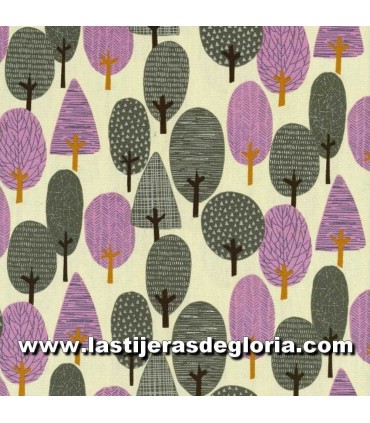 Tela japonesa oxford bosque árboles lila y gris sobre tono crema Onnela de Handworks Japan